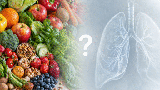 Split-scene image showing fresh fruits and vegetables on one side and a faint illustration of human lungs on the other, with a subtle question mark highlighting the link between diet and lung health