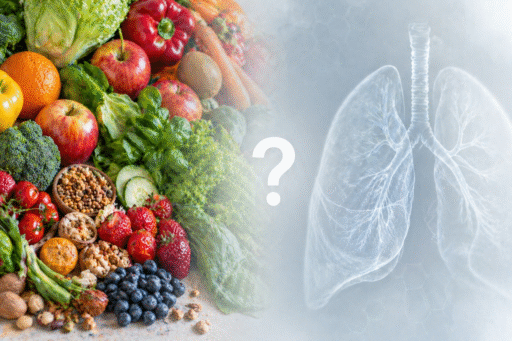 Split-scene image showing fresh fruits and vegetables on one side and a faint illustration of human lungs on the other, with a subtle question mark highlighting the link between diet and lung health