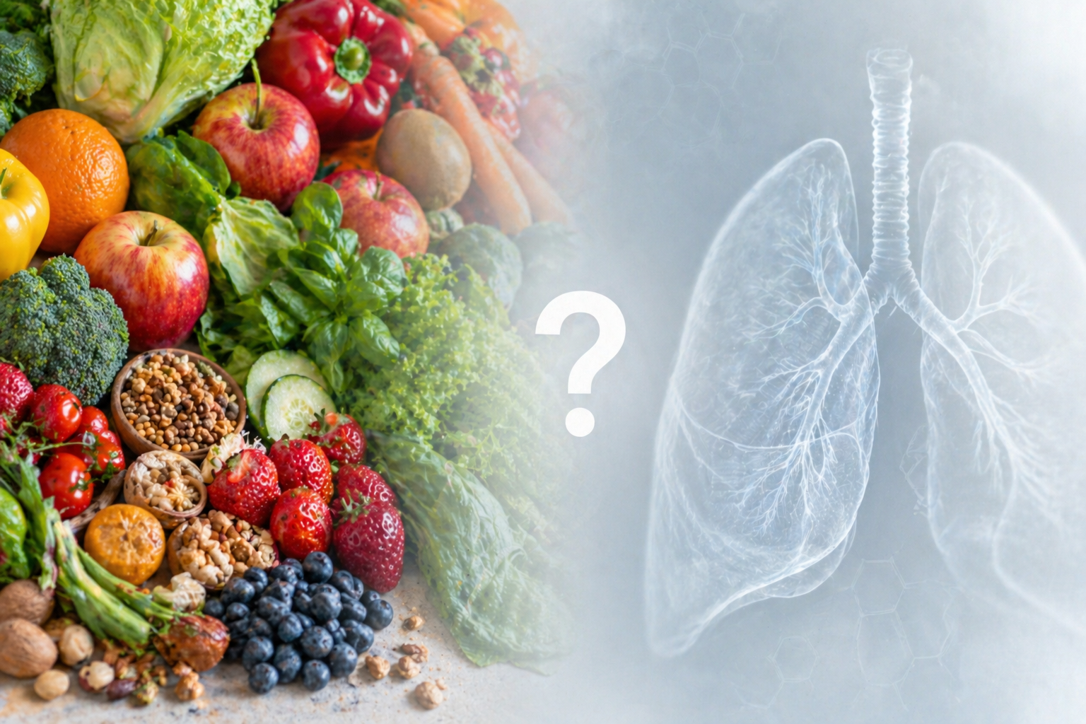 Split-scene image showing fresh fruits and vegetables on one side and a faint illustration of human lungs on the other, with a subtle question mark highlighting the link between diet and lung health