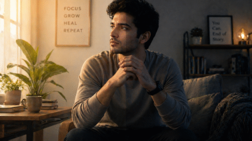 Young adult sitting alone in a softly lit modern room, with a split-light effect showing one warm, bright side and one dimmer side, conveying calm introspection and emotional balance.