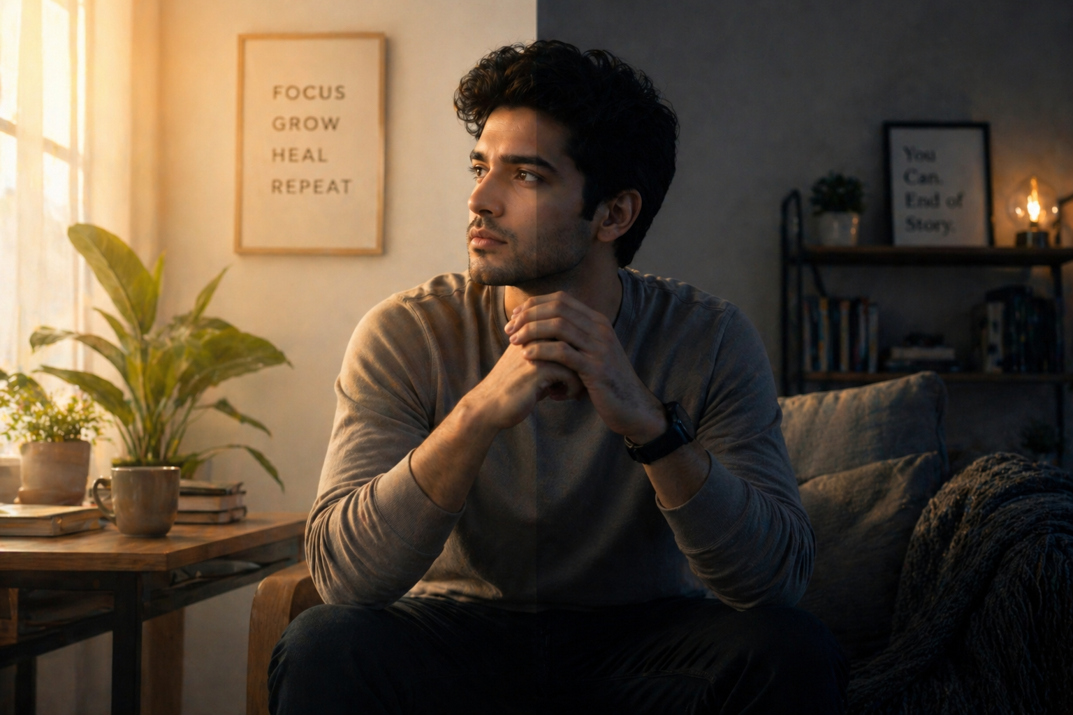 Young adult sitting alone in a softly lit modern room, with a split-light effect showing one warm, bright side and one dimmer side, conveying calm introspection and emotional balance.