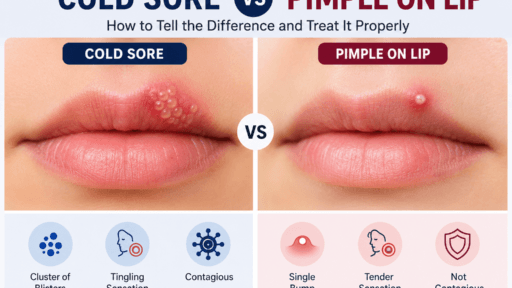 Cold sore vs pimple on lip comparison illustration.