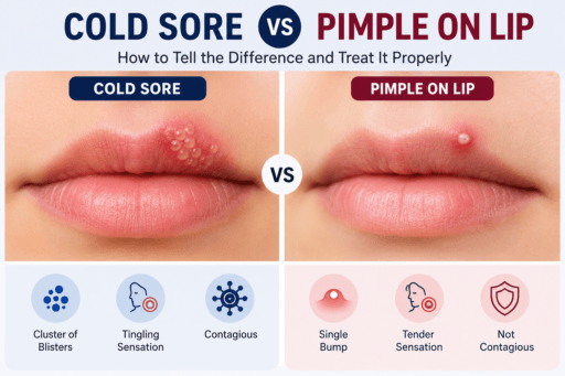 Cold sore vs pimple on lip comparison illustration.