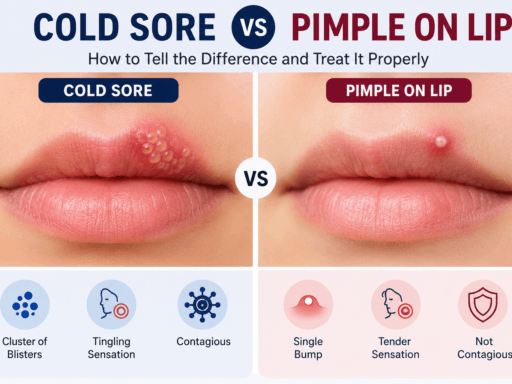 Cold sore vs pimple on lip comparison illustration.