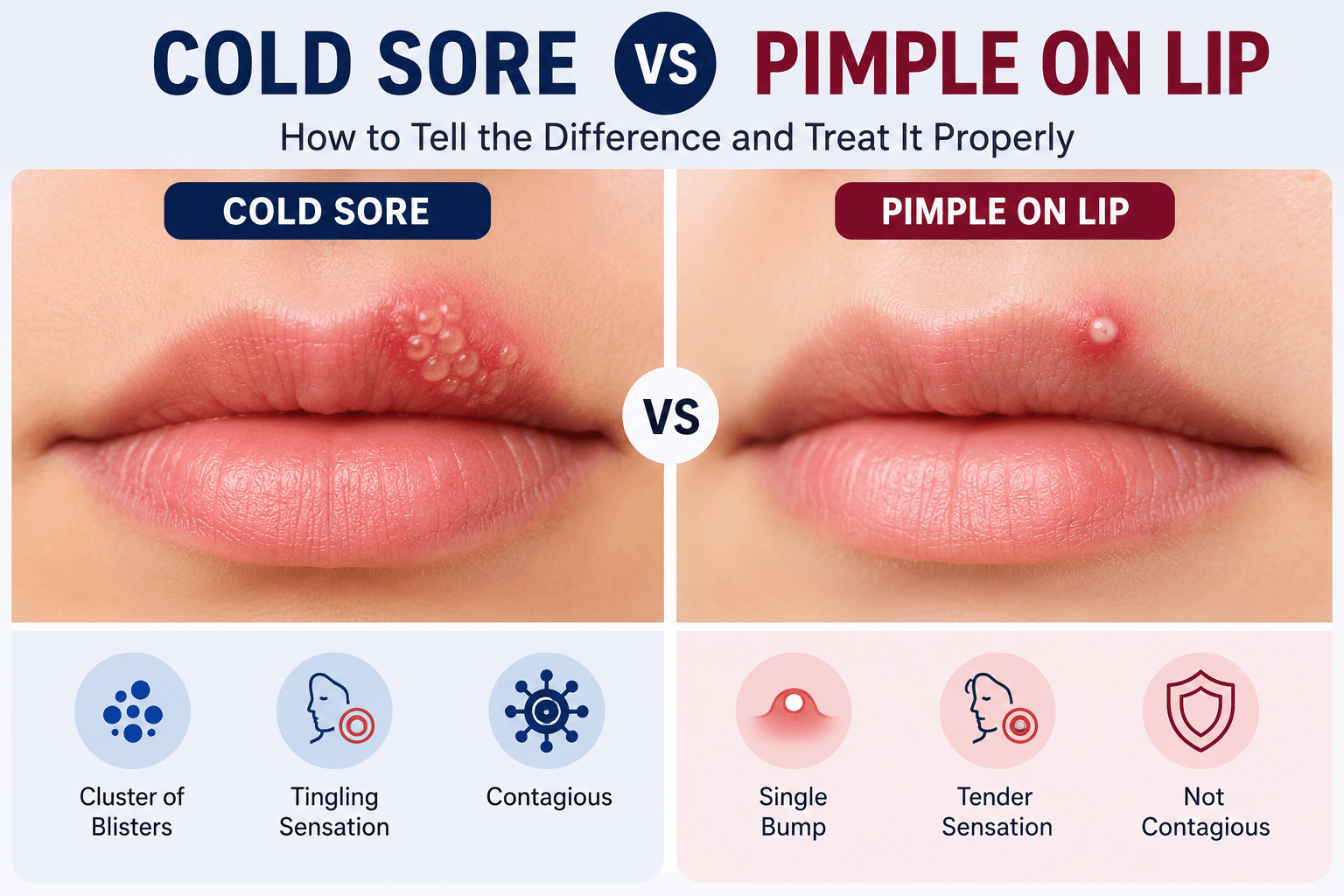 Cold sore vs pimple on lip comparison illustration.