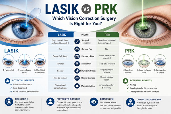 Infographic comparing LASIK vs PRK vision correction surgery
